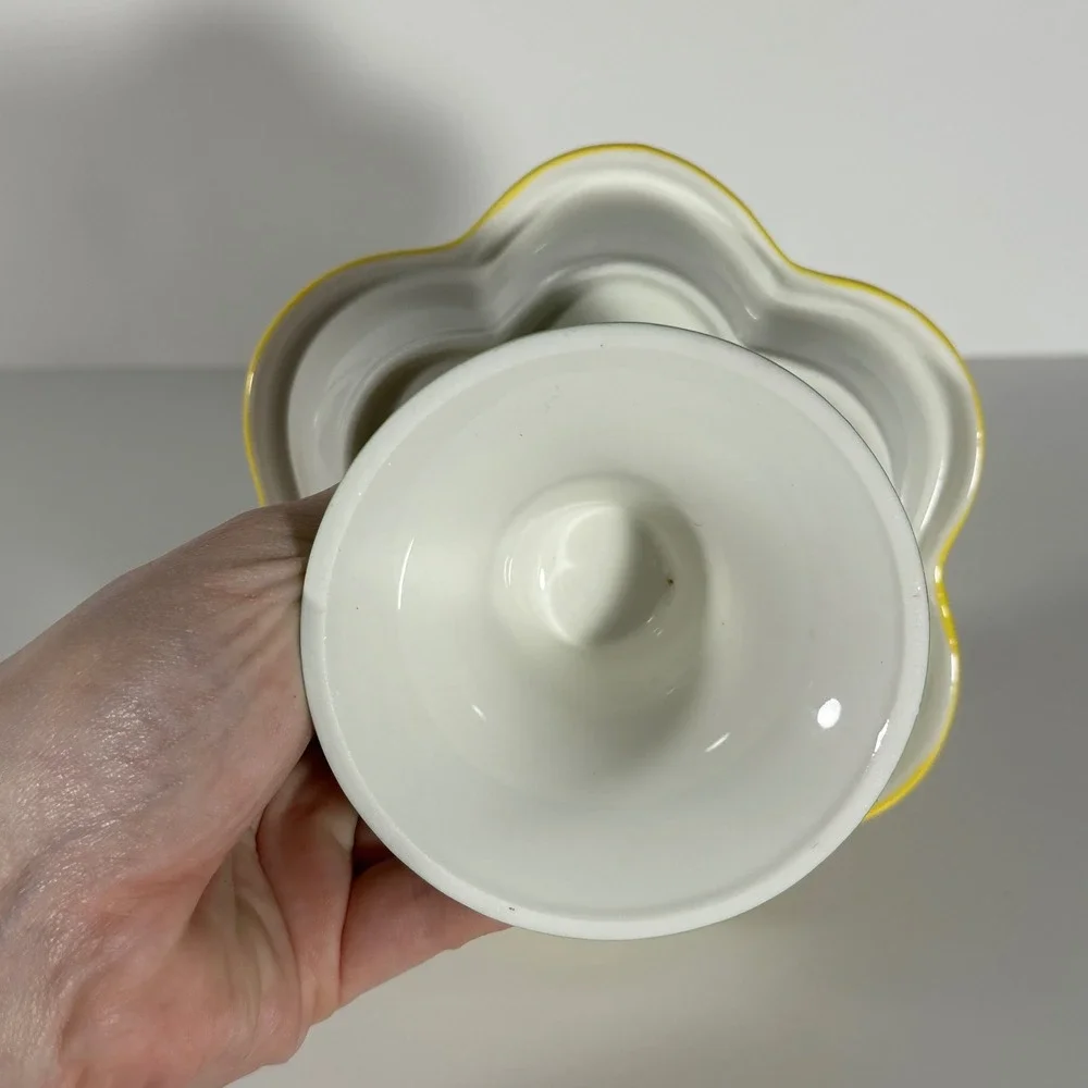 Yellow and Green Ceramic Flower Pedestal Bowl Scalloped Cat Dish Trinket Dish 6